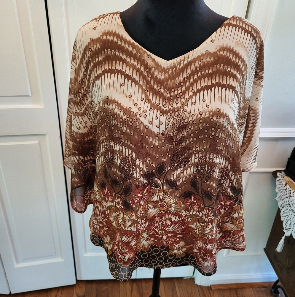 Brown and tan sheer Capelet Poncho Blouse PL Boho Grungefairy Whimsygoth Flowy